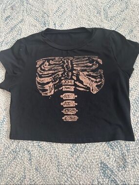 Black Crop Top with Rose Gold Skeleton Print